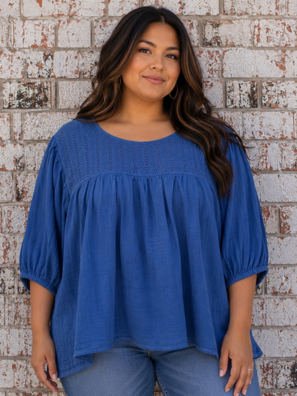 Vintage Mexican Peasant Cotton Eyelet Balloon Sleeve Blue Blouse Sz Lg/XL